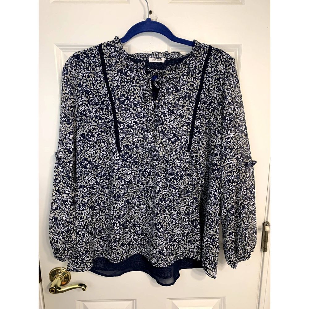 Westport Navy & Gray Floral Pull-Over Split Neck Tie-Front Blouse Size Petite XL
